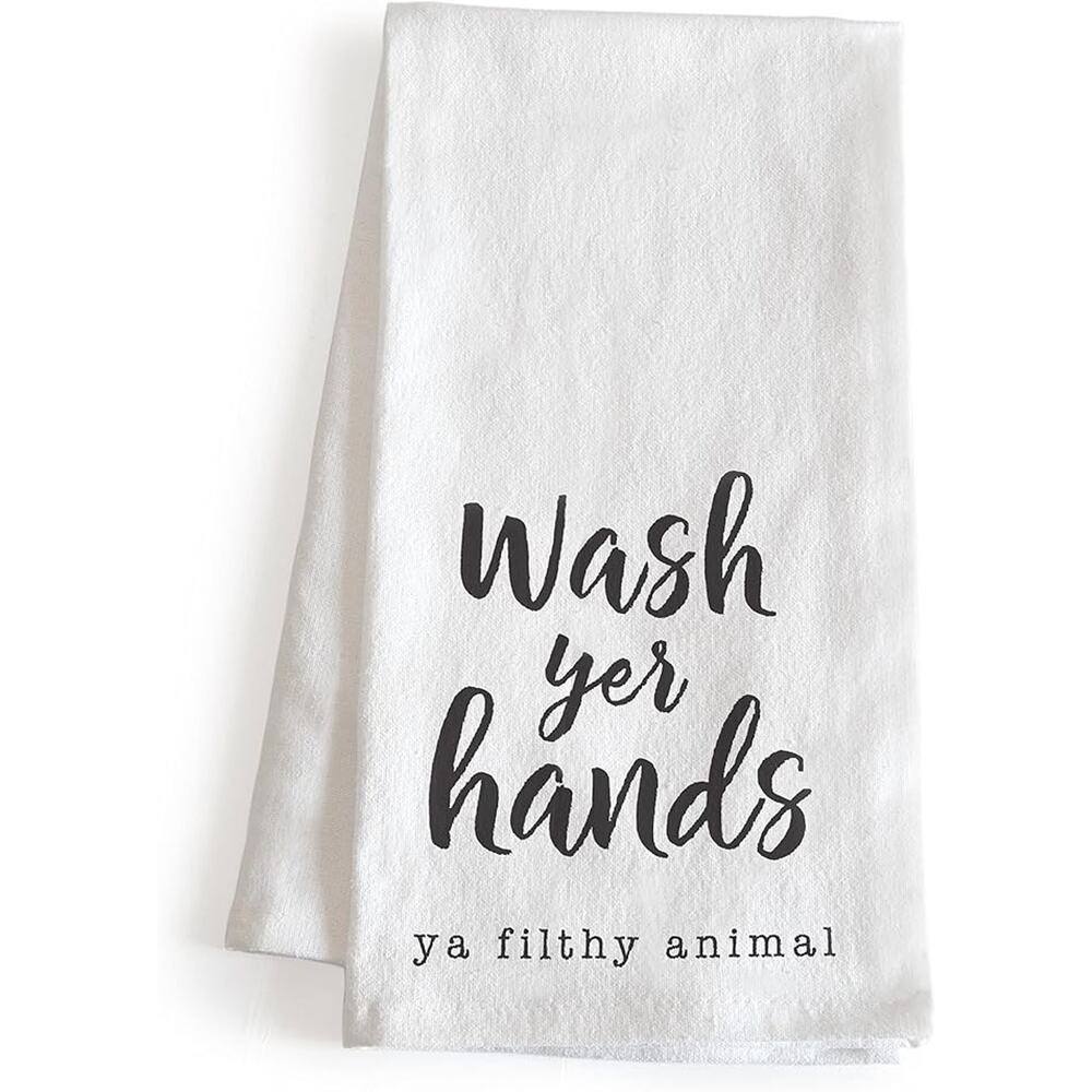 Main Event Wash Your Hands Ya Filthy Animal Kitchen Dish Towel New White Black
